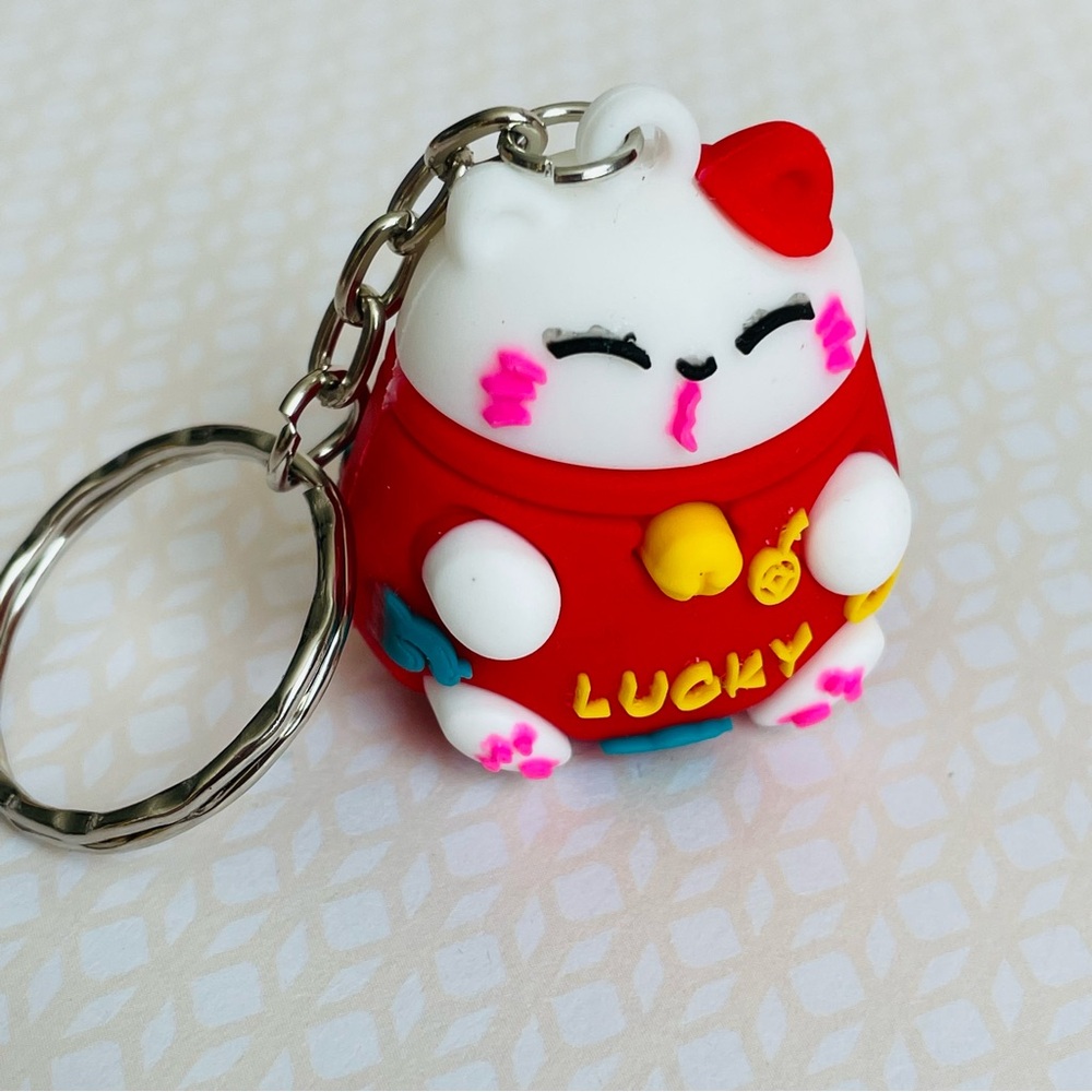 Cute Lucky Cat Keychain Bag charm - White & Red Maneki Neko